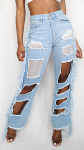 DISTRESSED RHINESTONE FRINGE JEANS