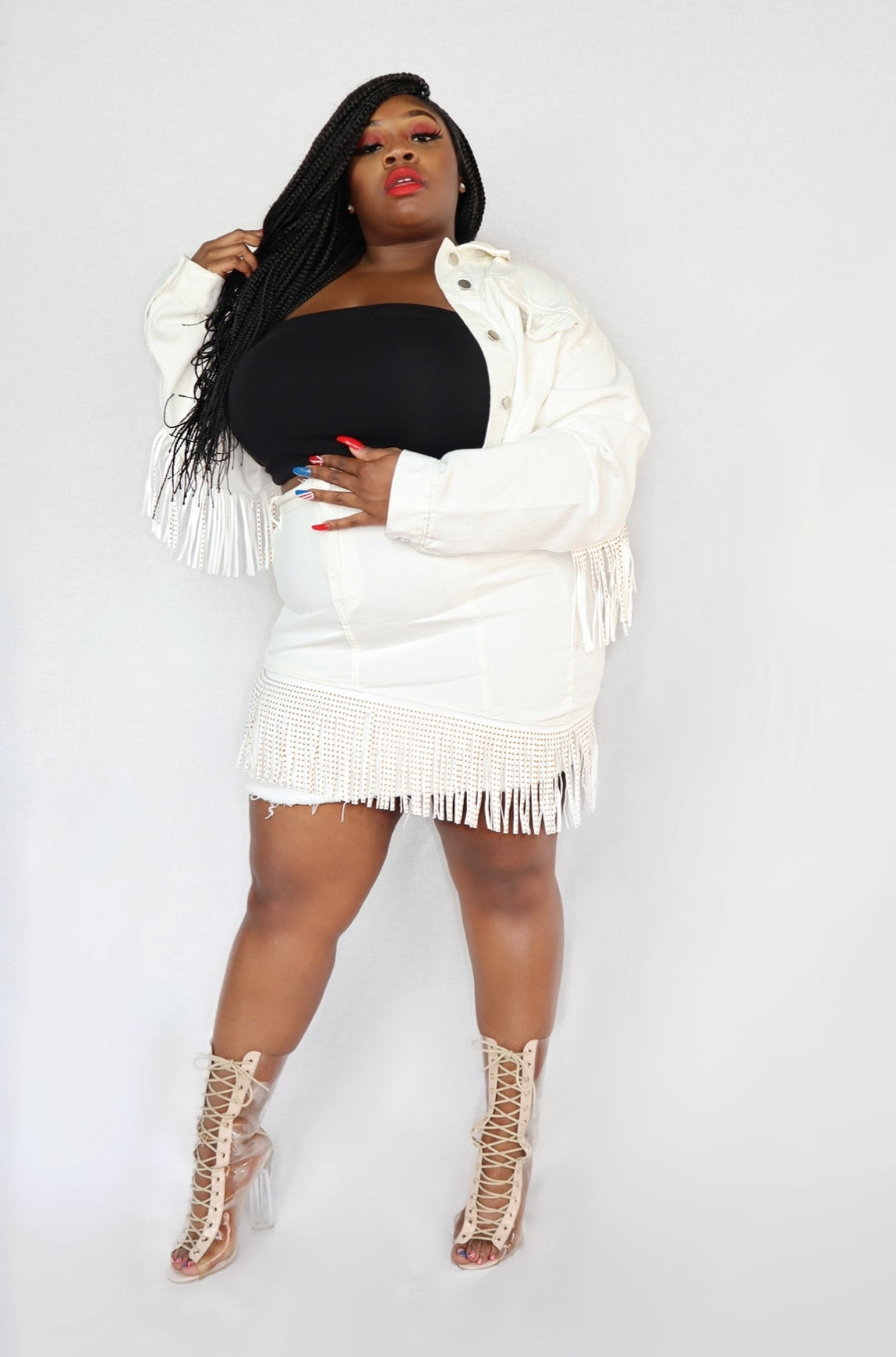 STUDDED FRINGE DENIM SKIRT