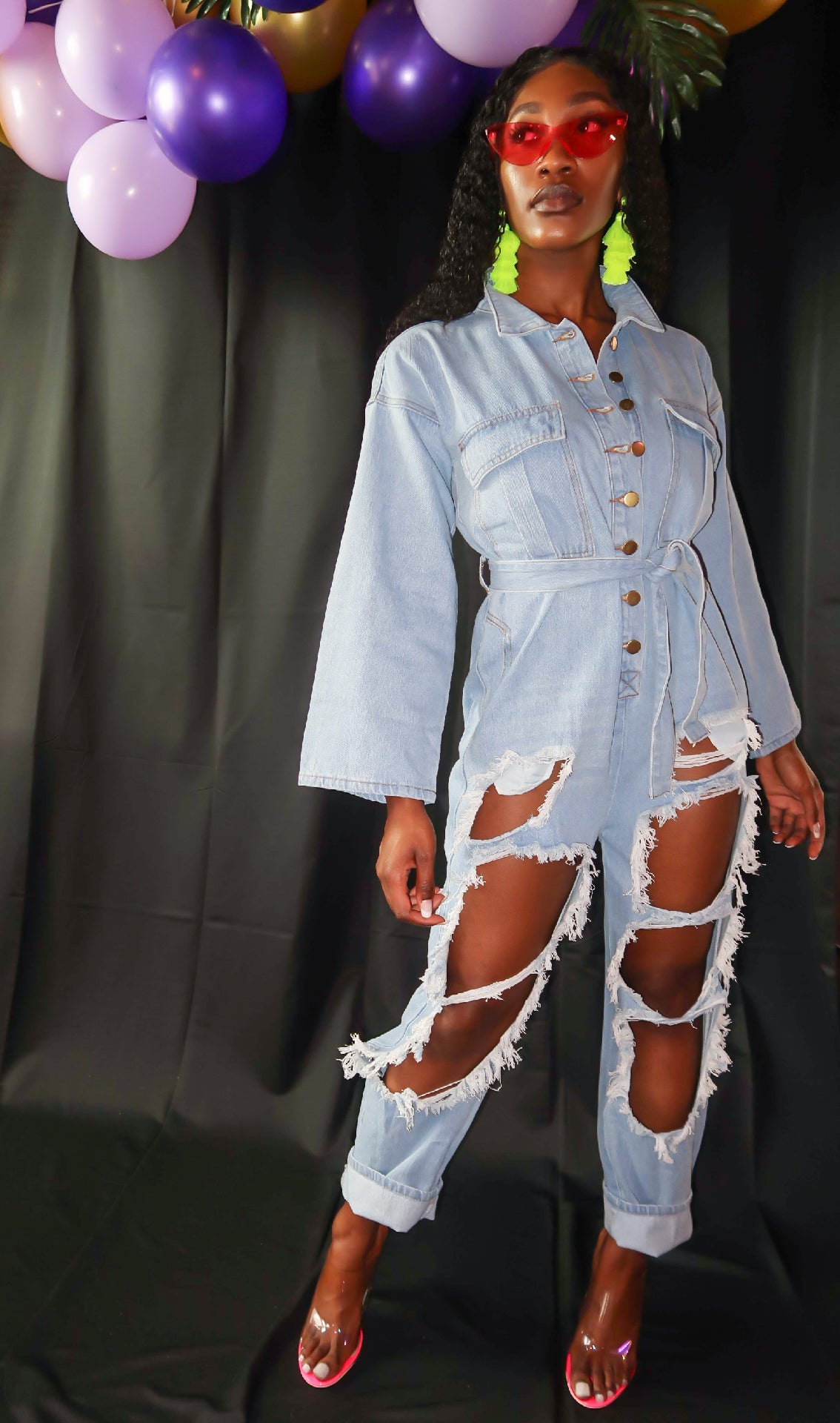 DISTRESSED DENIM JUMPSUIT